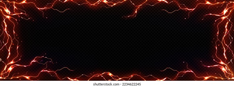 Realistic orange lightning frame png isolated on transparent background. Vector illustration of rectangular border decorated with bolt, electric discharge, flashing light effect. Magic power design