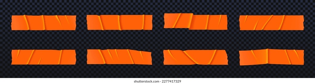 Realistic orange paper duct tape vector strip set. 3d ripped adhesive sticker texture collection on transparent background. Torn corner glued scotch stick with wrinkle. Packaging clear label clipart.