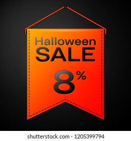 Realistic Orange pennant with inscription Halloween Sale Eight percent for discount on black background. Colorful sticker, banner for sale, shopping, business theme. Vector illustratio