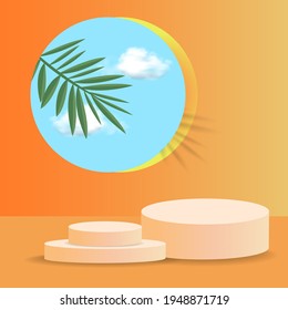 Realistic orange podium with geometric shapes. podium, window with shadow and green leaves, sky. Podium for product demonstration. illustrations.