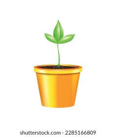Realistic orange pot with green seedling vector illustration