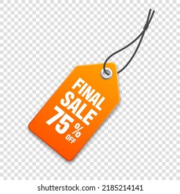 Realistic orange price tag. Special offer or shopping discount label. Retail paper sticker. Promotional sale badge with text. Vector illustration.