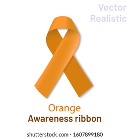 Realistic orange ribbon folded in a loop on a white background. A bright orange crossed ribbon is a symbol. Problem of attention deficit hyperactivity disorder; an association of kidney cancer,