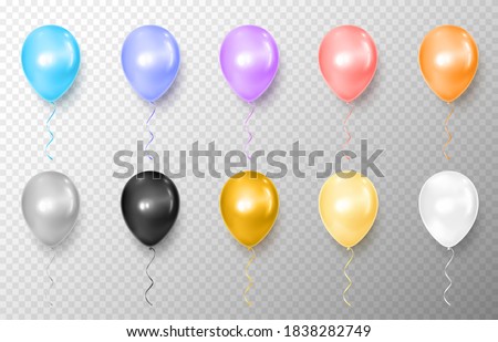 Realistic orange, rose, violet, blue, black, silver, gold, yellow and white balloon vector illustration on transparent background. Decoration element design for birthday, wedding, parties.