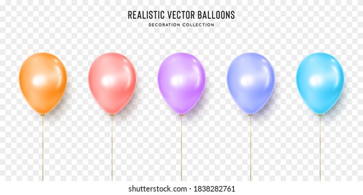 Realistische Orange-, Rose-, Violett-, Marine- und blaue Ballon-Vektorgrafik auf transparentem Hintergrund. Dekorationselemente Design zum Geburtstag, Hochzeit, Partys, Feste.