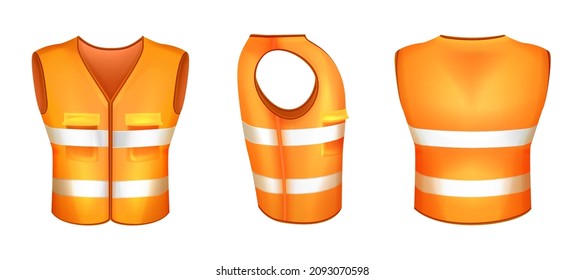 Realistic orange safety vest with reflective tape. Protective uniform with fluorescent stripes or hi-vis clothing for workers. High visibility waistcoat. Fluorescent personal protective workwear.