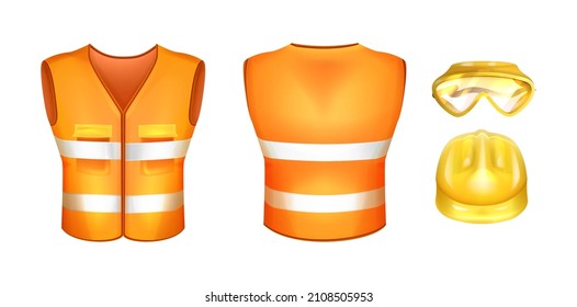 Realistic orange safety vest with reflective stripes and hard hat. Construction helmet and glasses. Personal protective equipment and hi-vis uniform for workers. High visibility uniform with tapes.