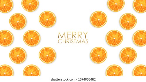 Realistic orange set, Christmas banner, natural fruits, fresh citrus, pattern card, vector 