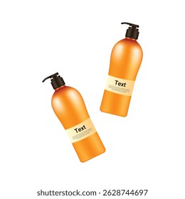 Realistic Orange Shampoo and Lotion Pump Bottle with labels, Cosmetic bottle isolated on white background, Vector Illustration, Bottle mock up for design