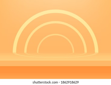 Realistic orange shelf on the studio wall. Empty studio orange background for product display with copy space.