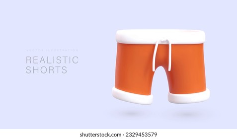 Pantalones anaranjados realistas con guarnición blanca. Ropa diaria deportiva. Ilustración al estilo de las caricaturas. Tendencia juvenil. Pantalones cortos con cintura ajustable. Banner comercial para tienda de ropa