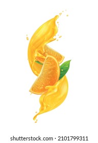 Realistic orange slices in juice splashes vector illustration