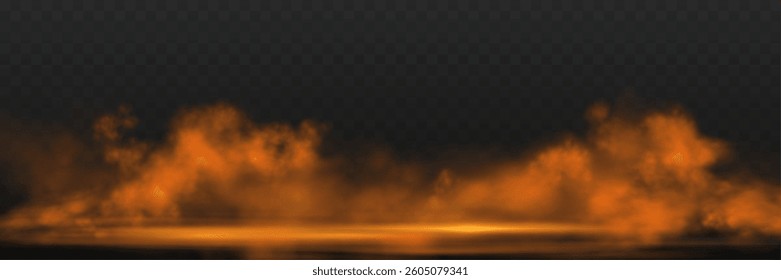 Realistic orange smoke or haze, overlay effect on a transparent background. Hot fire and flame, magic fog, vapor on floor. Abstract vector illustration