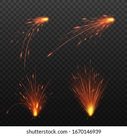 Realistic Orange Spark Effect Set Isolated On Dark Background - Hot Fire Flare Flying In Fast Motion. Small Firework Or Sparkle Explosion Element - Vector Illustration