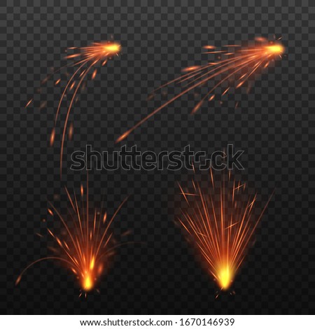 Realistic orange spark effect set isolated on dark background - hot fire flare flying in fast motion. Small firework or sparkle explosion element - vector illustration