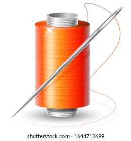 Realistic orange spool of thread with a needle on an isolated white background