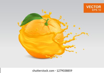 Realistic orange with spray of orange juice vector illustration on isolated background. Hyperrealistic fruit 