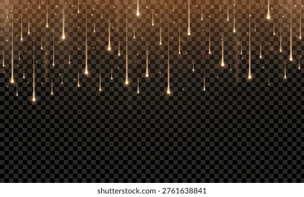 Realistic orange starfall isolated on transparent background. Stars, glitter, sparkles fireworks falling down. Festive celebration element. Vector illustration