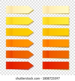 Realistic orange sticky notes collection. Arrow flag tabs. Post note stickers. Colorful sticky paper sheets. Vector illustration.