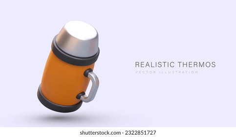 Realistic orange thermos with metal lid. Utensils for keeping temperature of drink. Thermo mug for adults and children. Color advertising of tableware store
