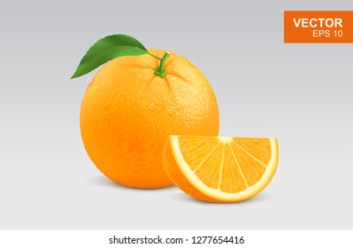 Realistic orange vector illustration, icon. 3d whole and slice of orange with leaf and water drops 