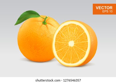Realistic orange vector illustration, mockup. Whole and half slice of orange with green leaf, stem  and water drop 