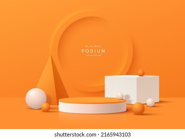 Realistic orange, white 3D cylinder pedestal podium with geometric forms and emboss circle ring scene background. Abstract minimal scene for mockup products display, Stage for showcase. Vector EPS10.