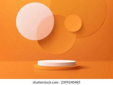 Realistic orange and white 3D cylinder pedestal podium with floating overlap circle background. Minimal scene for products stage showcase, promotion display. Vector geometric platform. Abstract room.