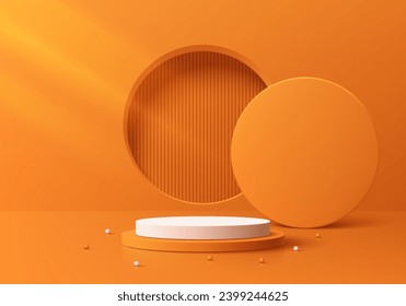 Realistic orange, white 3D cylinder product podium with circle window and ball beads background. Minimal mockup or product display presentation, Stage for showcase. Platforms vector geometric design.