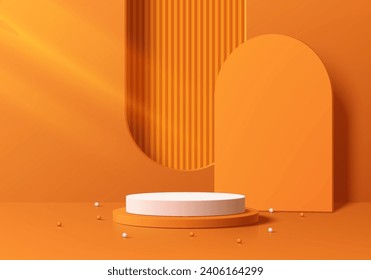 Realistic orange, white 3D cylinder product podium background with arch gate and ball scene. Abstract minimal mockup or product display presentation, Stage showcase. Platforms vector geometric design.