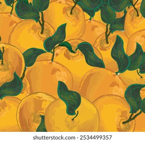 realistic oranges Citrus fresh seamless pattern decorated with leaves summer food illustration isolated on white background