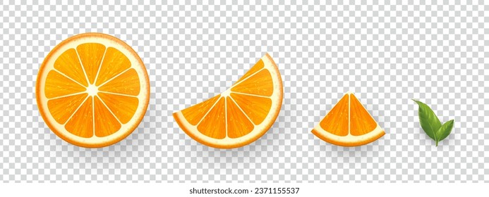 Realistic oranges. Fresh realistic half sliced orange fruits. Vector illustration