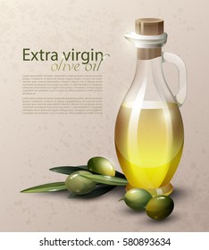 Realistic organic product poster with text green olives and glass bottle full of oil vector illustration
