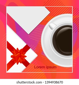 Realistic organization. Top view with mug of coffee and gift box. Desk for office with stationery elements on the table. EPS10. Vector illustration.