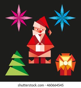Realistic origami. Christmas set - Santa christmas, tree, snowflake.