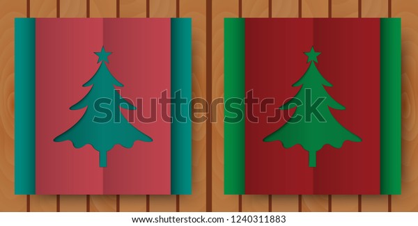 Realistic Origami Christmas Tree Simple Cards Stock Vector