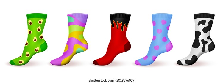 Realistic ornamented socks. Patterned colored design comfortable cotton foot clothes, kids and adult unisex funny socks, trendy bright sport feet decor. Modern accessory vector 3d isolated set