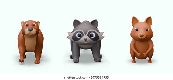 Realistic otter, raccoon, quokka. Funny animals in 3D style. Small creatures of wild nature