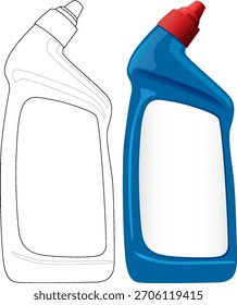 Realistic and outline vector cleaner bottle, blue plastic with red cap, isolated on white