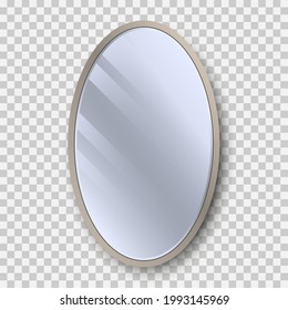 Realistic oval mirror with reflection on glass. Geometrical mirror with frame circle shape. Reflecting glass surface. 3d template design for decor interior. Vector illustration