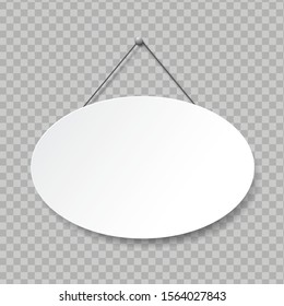 Realistic oval signboard on transparent background. Door sign hanging on rope