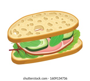 Realistic Oval-shaped Sandwich with Bacon Slice and Greenery Vector Food Item