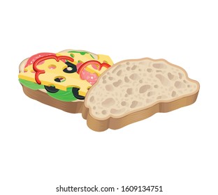 Realistic Oval-shaped Sandwich with Cheese and Sliced Wurst Vector Food Item. Fast Food Concept