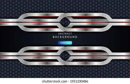 Realistic overlap layer on hexagon pattern background. Texture with silver list decoration.