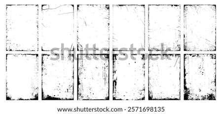 Realistic overlay texture, dirty stamp, photo album cover, graphic filter, torn or rip paper effect and retro frame background with distressed grain, ink splash, grunge paint brush stroke and dust