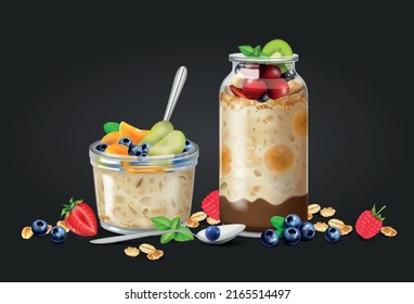 Realistic overnight oats composition with view of two jars with porridge cocktails spoons vegetables and berries vector illustration