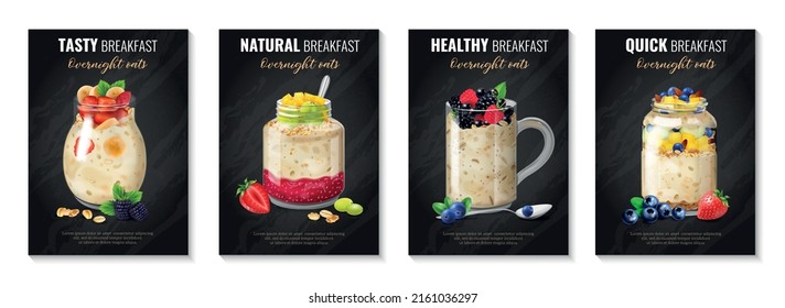 Realistic overnight oats posters collection with four vertical compositions of text and served porridge cocktail cans vector illustration