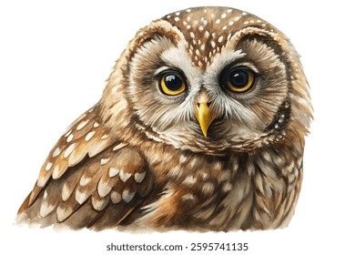 Realistic owl illustration, detailed feathers, vibrant eyes, nature artwork, wildlife portrait, animal lovers, educational purposes.