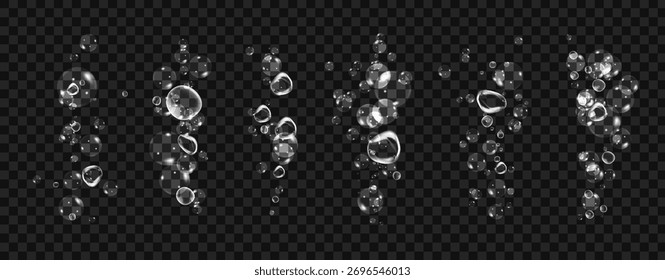 Realistic oxygen bubbles in water on a white background with fizzy sparkles and effervescent style. Transparent drops and soap bubbles create a vector texture for sea.