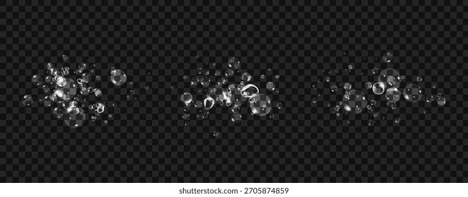 Realistic oxygen bubbles in water on a white background with fizzy sparkles and effervescent style. Transparent drops and soap bubbles create a vector texture.
